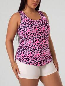 SHEIN Rhythm Era Women's Plus Size Leopard Print Round Neck Side Drawstring Sports Tank Top - Hot Pink - View 5