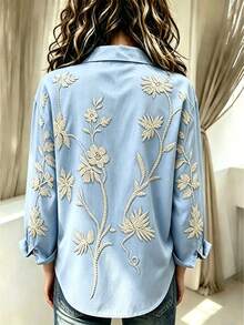 SHEIN 女款極簡風 3D 印花長袖襯衫 - 藍色 - 查看 2