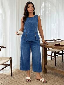 EMERY ROSE EMERY ROSE Plus Size Vacation Casual Vest & Denim Pants 2 Pieces Set Teacher Outfits - Medium Wash - View 4