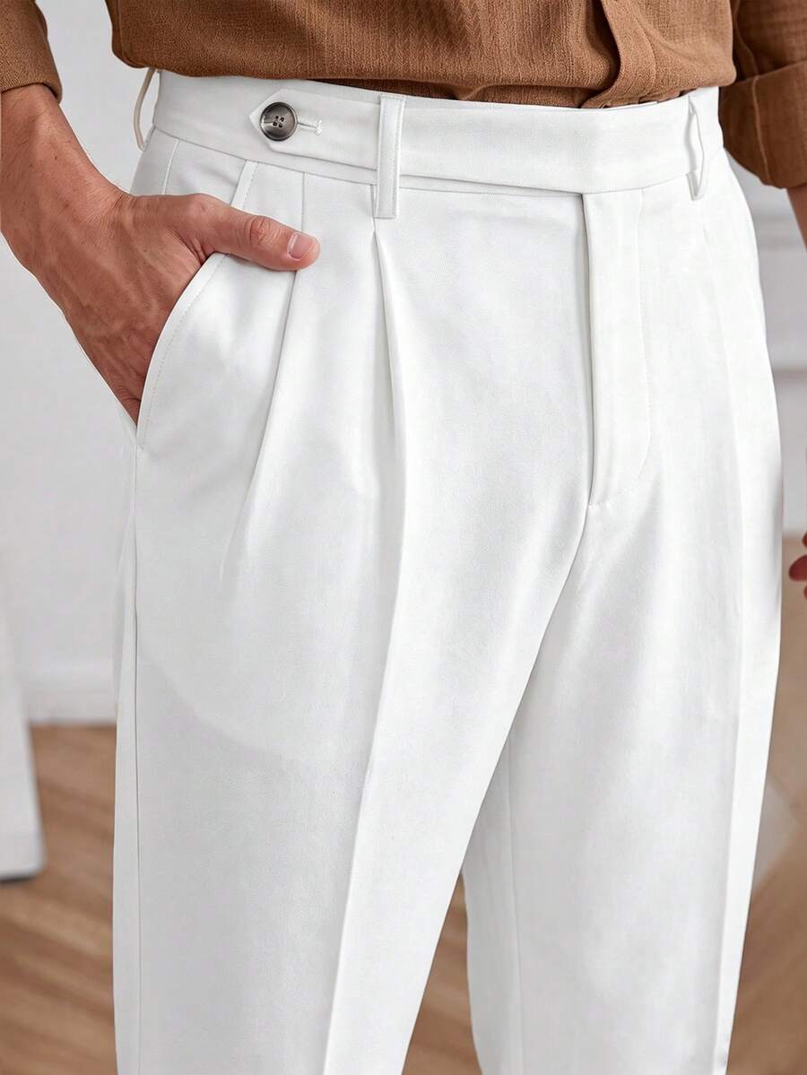 Core Aspect Men's Solid Color Casual Business Slim Straight Pants With Belt Loops, Zipper, Single Button Waist And Double Pleats On Both Sides - Beige - View 1
