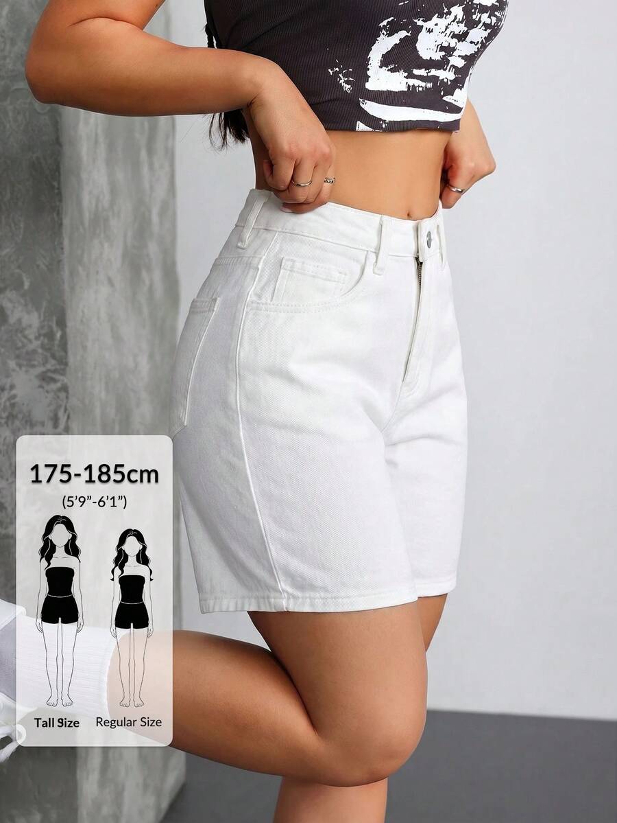 SHEIN Tall Y2K 基本款中腰休閒水洗牛仔短褲 女款 日常白色夏季 高個女性適用 - 白色 - 查看 1