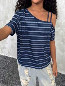 青少年女孩條紋不對稱領口T恤，夏季家庭套裝街頭風上衣 - 藏蓝色 - 查看 6