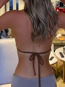 SHEIN Swim 女款夏季海灘純色掛脖綁帶性感時尚比基尼上衣 - 棕色 - 查看 2