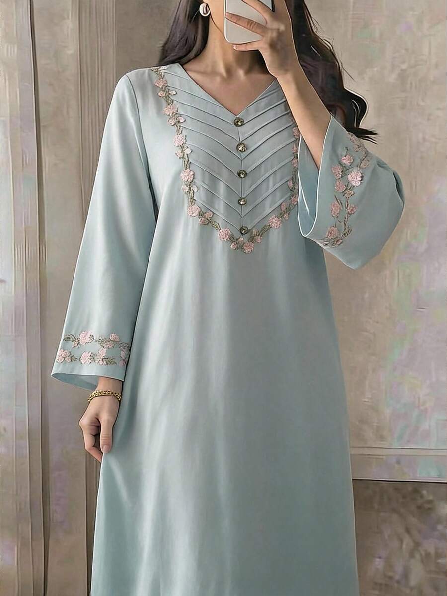 Al Najma 女款貼花裝飾V領鈕扣設計優雅阿拉伯風洋裝 - 綠色 - 查看 1