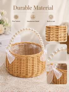1/2PCS Handmade Pearl Beaded Princess Flower Basket Rattan Woven Storage Basket Handheld Bouquet Basket Handcrafted Home Wedding Party Decor Gift For Her Valentine Birthday - Multicolor - View 4