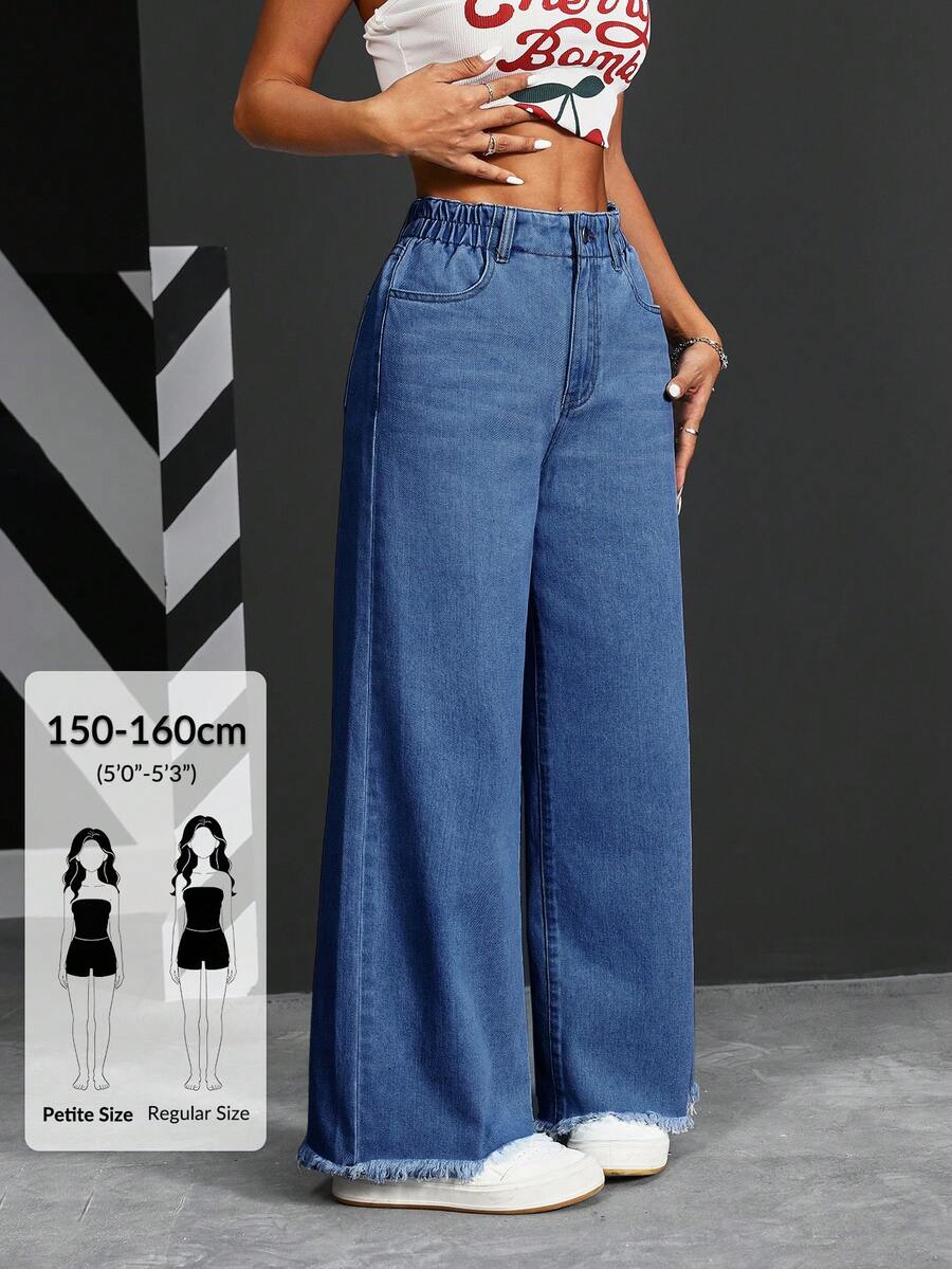 SHEIN PETITE 女款前扣口袋簡約牛仔褲,休閒日常穿著,適合小個子女性 - 深色水洗藍 - 查看 1