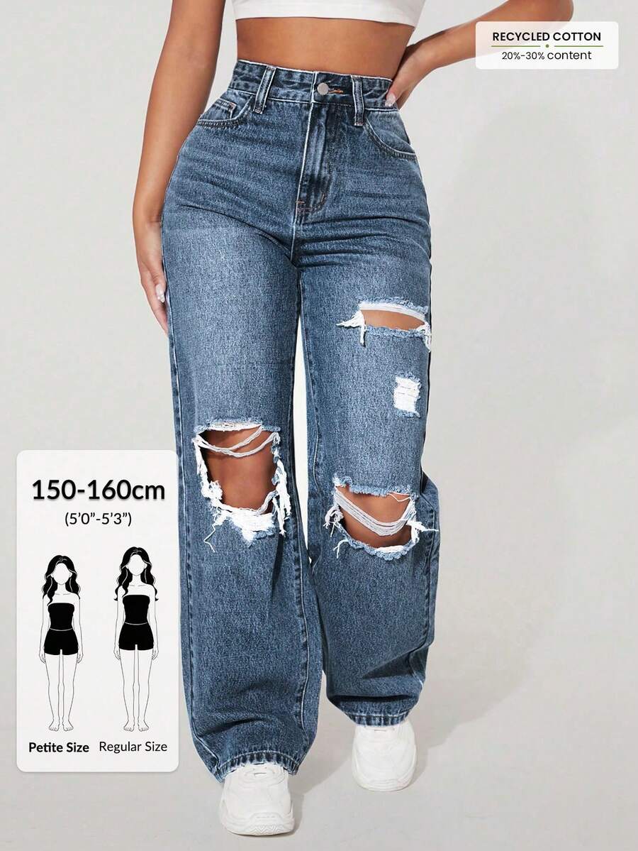 SHEIN PETITE Women's Casual Washed Distressed Straight Leg Jeans ,Petite Women - Blue - View 1