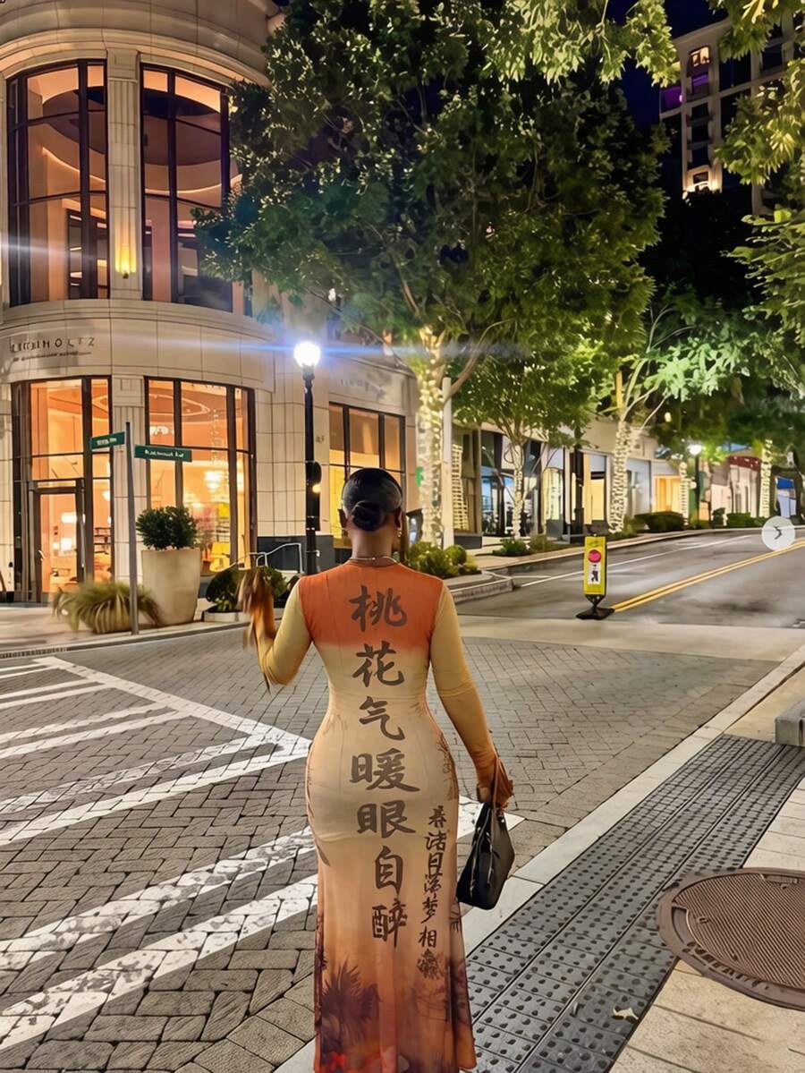 BamGleam 女款新中式古詩詞與淑女肖像風景印花洋裝
