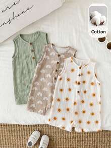 SHEIN 3pcs Newborn Baby Boy Unisex Baby Clothes Cute Summer Playful Print Pattern Sleeveless Rompers Multi-Color Basic Bodysuit Set - Multicolor - View 1