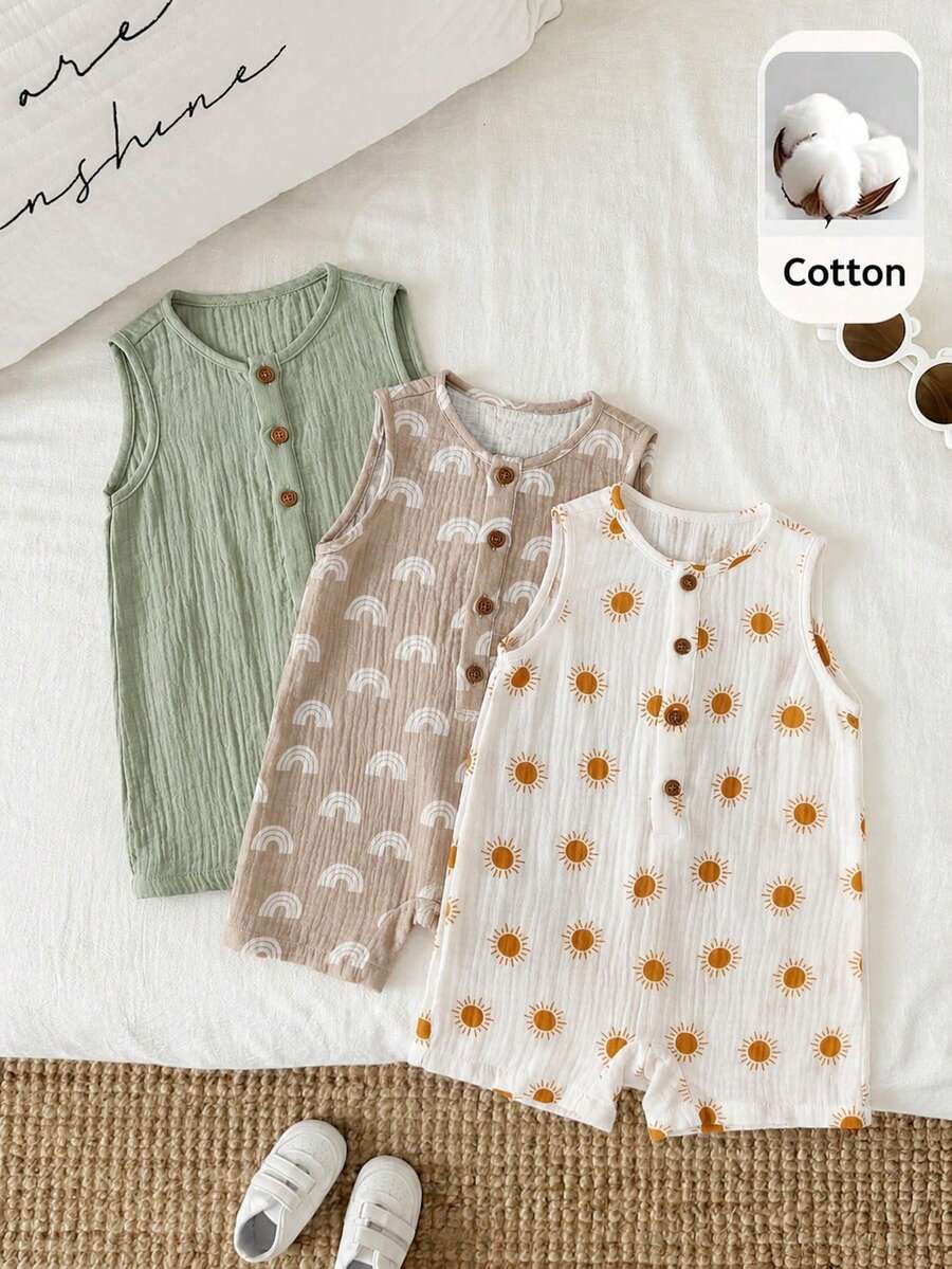 SHEIN 3pcs Newborn Baby Boy Unisex Baby Clothes Cute Summer Playful Print Pattern Sleeveless Rompers Multi-Color Basic Bodysuit Set - Multicolor - View 1