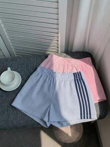SHEIN Tween女孩休閒80年代90年代街頭風運動圓領無袖海軍藍粉色條紋背心與短褲2件套 夏季返校穿搭 - 粉色 - 查看 7