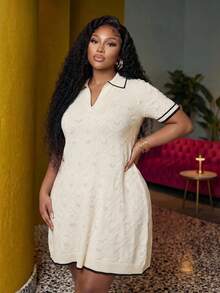 Slaydiva Plus Size Contrast Trim Short Sleeve Knit Dress Fall - Apricot - View 7