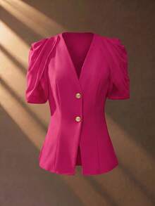 SHEIN Elenzya Women's Elegant Romantic Tailored Blazer With V-Neck, Pleated And Cinched Waist - Hot Pink - View 7