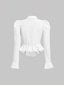 SHEIN MOD 女款純色泡泡長袖鈕扣設計休閒襯衫 - 白色 - 查看 4