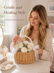 1/2PCS Handmade Pearl Beaded Princess Flower Basket Rattan Woven Storage Basket Handheld Bouquet Basket Handcrafted Home Wedding Party Decor Gift For Her Valentine Birthday - Multicolor - View 3