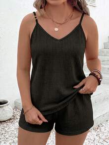 Selamara Women's Spring/Summer New Hot-Selling Small Plaid Textured Knit Fabric Casual Versatile Plus Size 2 Pieces Set - Black - View 4