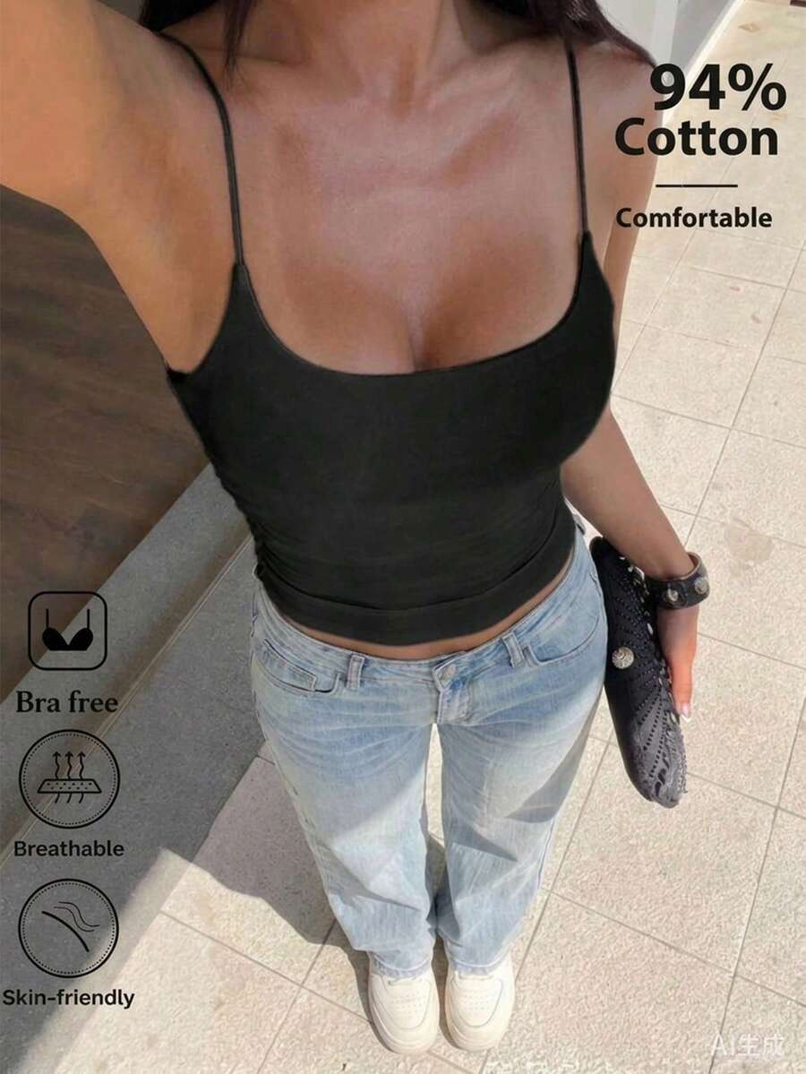 FavEase 休閒百搭抓皺杯設計女款白色細肩帶背心 - 黑色 - 查看 1