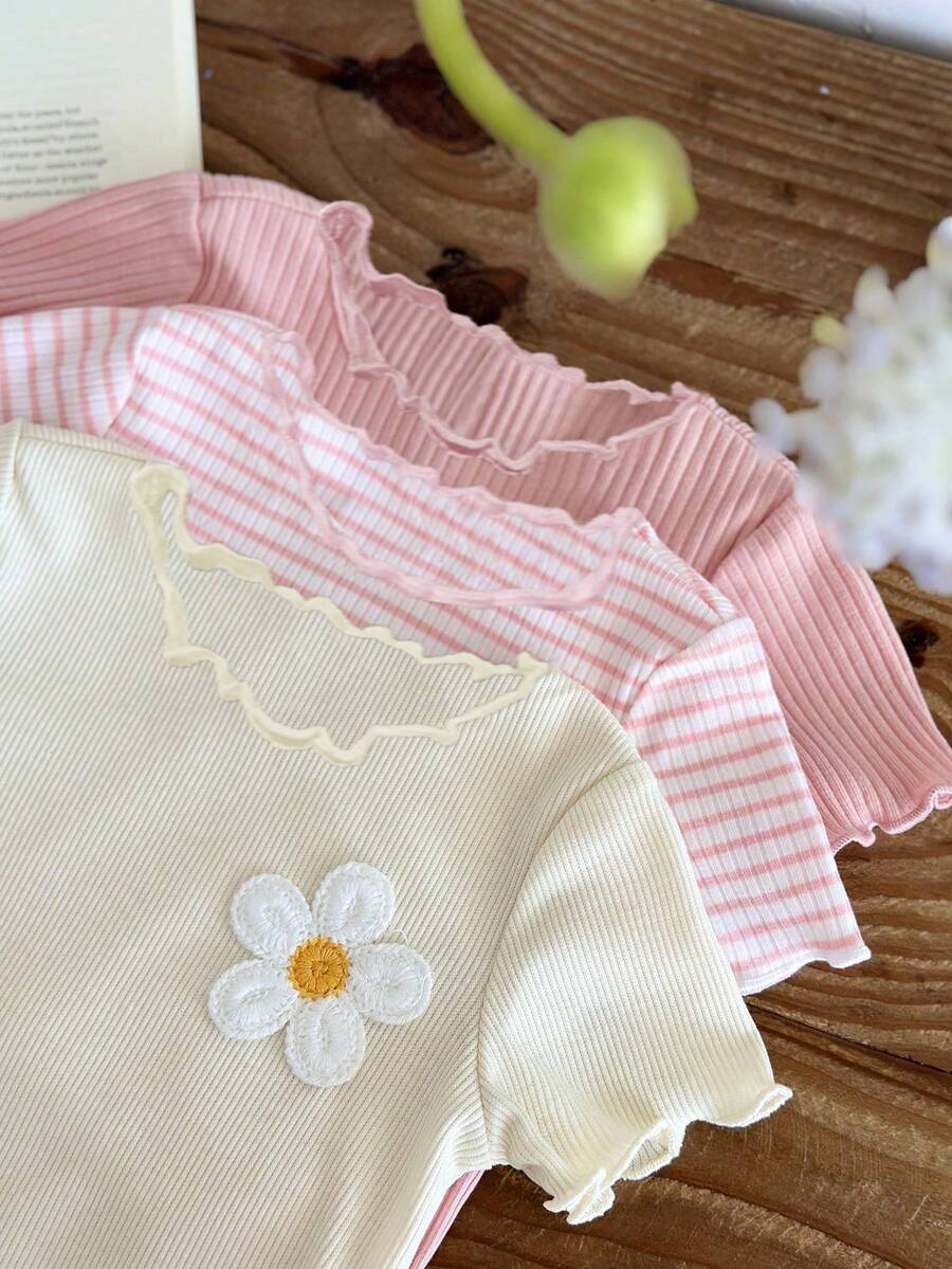 Kids Young Girl Young Girls Casual Minimalist Floral Print T-Shirt, 3pcs Packs, Suitable For Summer - Multicolor - View 1