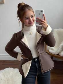 SHEIN 青少年女孩休閒極簡街頭風 PU 保暖內裡厚外套，高腰荷葉邊下擺，金屬拉鍊前開設計（秋冬款） - 鏽棕色 - 查看 7