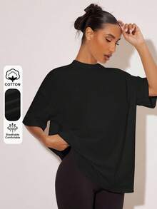 SHEIN BASICS 夏季休閒寬鬆版型短袖T恤，假領與落肩設計女款上衣，黑色 - 黑色 - 查看 9