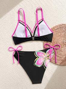 Swim Lushoire 新款夏季女士吊带露背深V领珍珠交叉系带侧三角泳裤印花休闲度假泳装套装 - 彩色 - 查看 6