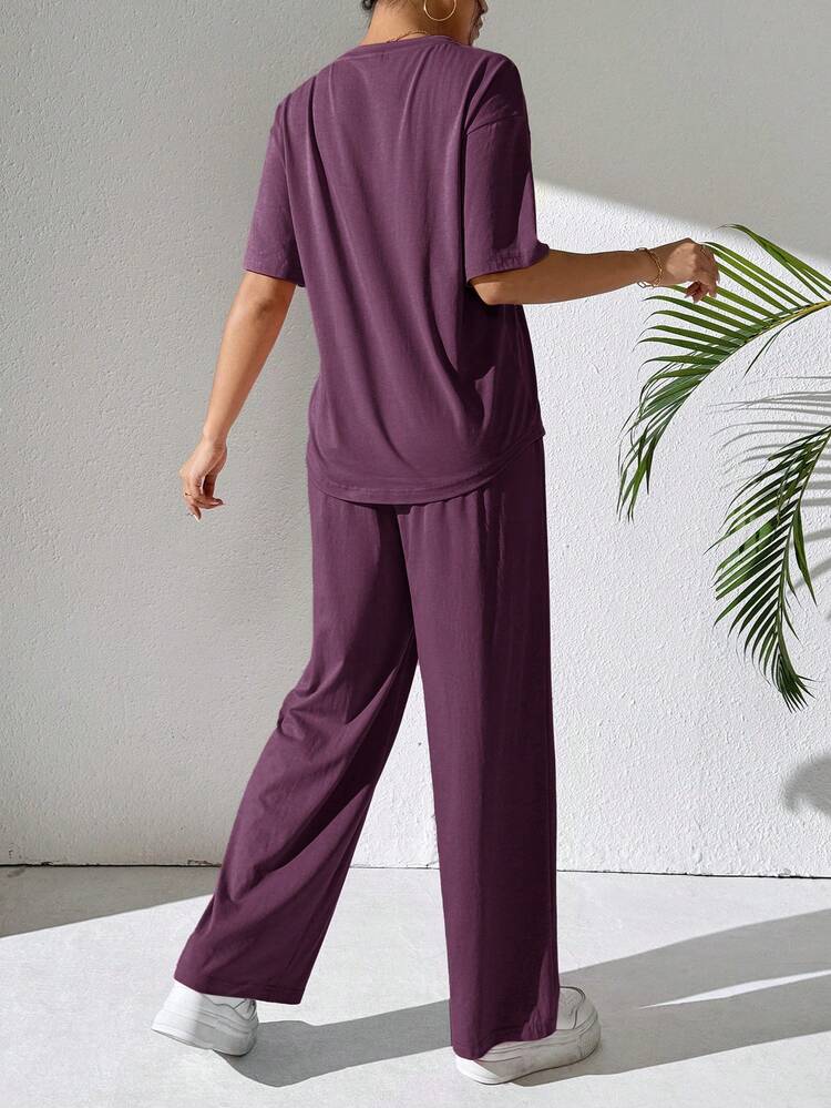 Solavon 2pcs Women's Solid Color Crew Neck Long Sleeve Top And Pants Set, Casual Everyday Wear, Outfits Tracksuit 2 Pieces Lounge Suitable For Back To School & - Purple - View 7