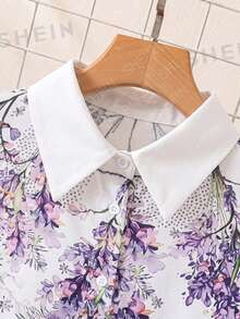 EMERY ROSE Plus Size Floral Print Casual Vacation Shirt Fall - Purple - View 3