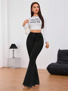 SHEIN Tall 女款休閒水洗修身喇叭褲 黑色寬腿喇叭牛仔褲 高個女性適用 - 黑色 - 查看 5