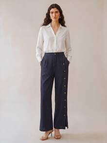 SHEIN x Rafa Kalimann Uhlyne Uhlyne Celana Panjang Wanita Motif Garis-garis dengan Kancing dan Saku, Cocok untuk Pakaian Sehari-hari Saat Berpergian, Cocok untuk Musim Semi/Gugur - Biru - View 4