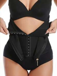 Women Waist Trainer Corset Belt, Neoprene Tummy Shaper With 3 Row Hooks And Gold Zipper, Firm Compression Belly Band For Postpartum Recovery, Back Support For Gym Workout Slimming, Black - Black - View 2