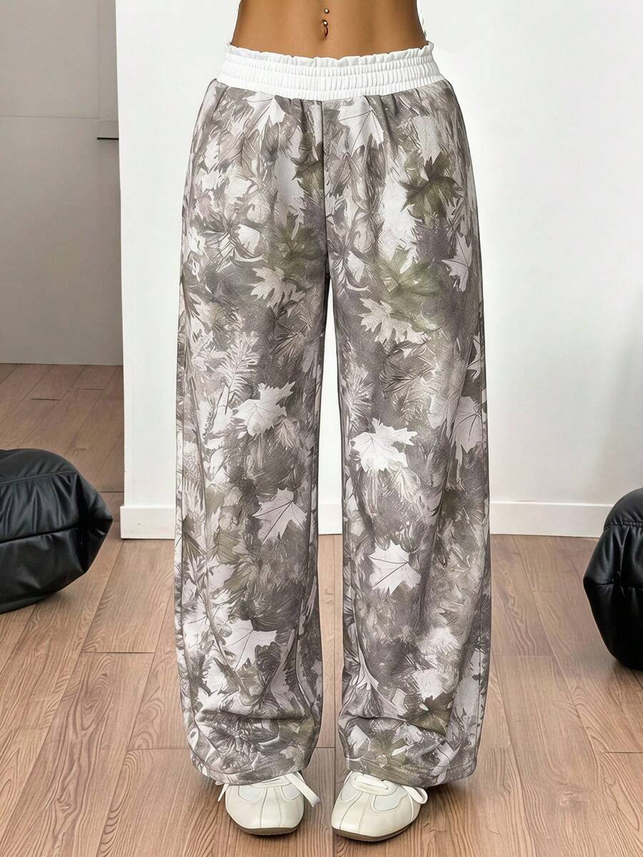 SHEIN PETITE 夏季女款街頭風休閒復古外出樹枝圖案寬腿休閒長褲,女款休閒 - 綠色 - 查看 1