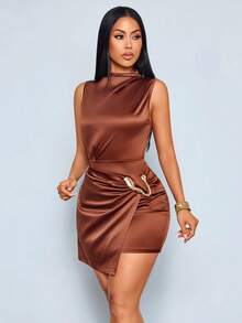 SOLERSUN Women's Solid Color Stand Collar Metal Decor Asymmetric Hem Sleeveless Fashion Dress - Brown - View 8