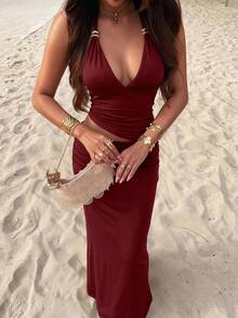 Firerie Women's Elegant Spring/Summer Sexy Holiday Party Night Music Festival Vacation V-Neck Metal Decor Halter Backless Waist Cutout Burgundy Red Long Dress - Burgundy - View 4