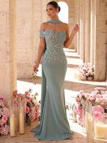 Glamrae Elegant Luxurious Beaded Bubble Diamond Applique Elastic Satin Ruched Patchwork Beaded Sequin Embroidered Sexy Strapless Mermaid Dress Suitable For Wedding Events, Bachelorette Party, Vacation, Prom, Holiday Party, Music Festival, Graduation Season, Evening Gala - Green - View 4
