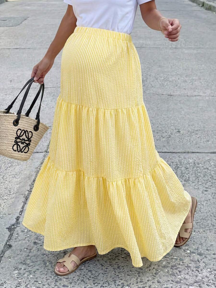 Momance Fresh Yellow Striped High Waist Maternity Midi Skirt, Vacation Style Woven Loose Fit Baby Shower Spring Casual Fall Beach Fall - Yellow - View 1