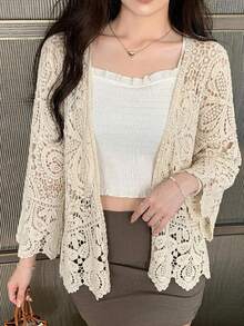 FRIFUL Femmes Cardigan décontracté de vacances à manches longues en couleur unie, en crochet et ajouré - Beige - Voir 8