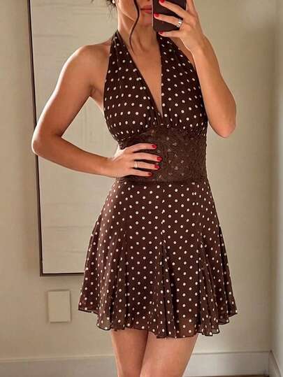 SHEIN PariChic Elegant Party Romantic Spaghetti Strap Spaghetti Strap Summer Women's Brown Polka Dot Dress, Women's Summer Outfit Dress