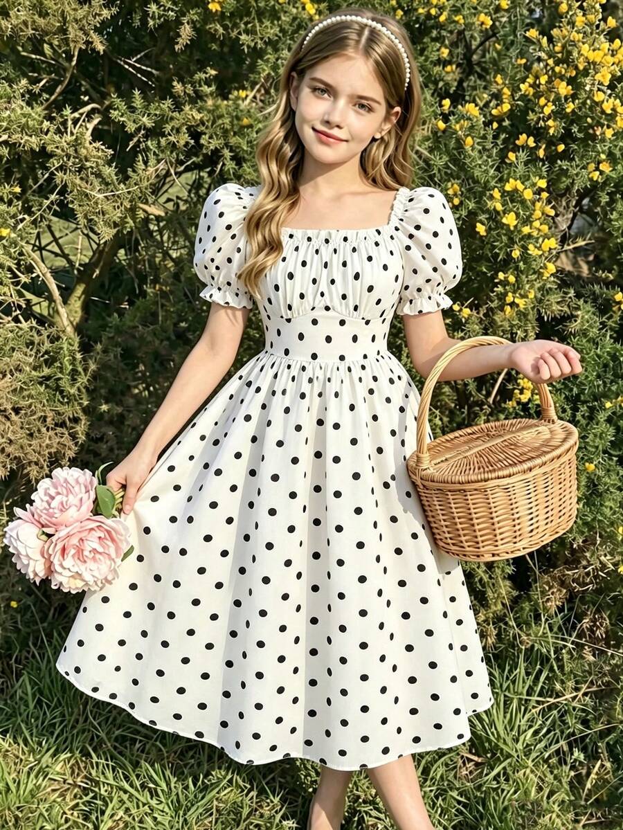 SHEIN 女童度假海灘風方領泡泡袖黃色碎花鬆緊腰中長洋裝，法式方領修身優雅，適合春夏季旅行、假期、海灘及其他戶外場合