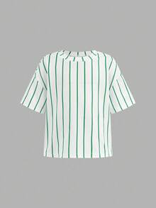 SHEIN 女童寬鬆休閒極簡舒適圓領套頭卡通圖案T恤與長褲套裝 - 綠色 - 查看 8