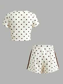 SHEIN Tween女孩波點圓領短袖T恤與短褲套裝 - 黃色 - 查看 2