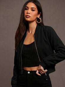 Siren Gaze Zip Up Wind Bomber Jacket In Fall/Winter - Black - View 2