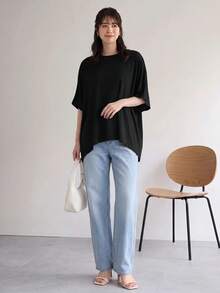 SHEIN LUNE Solid Batwing Sleeve Tee,Casual - Black - View 6