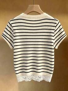 SHEIN Franclia Women's Spring/Summer New V-Neck Black And White Striped Lace Trim Knit Top, Lace Patchwork Short Sleeve Knit Top, Suitable For Vacation, Commute, Summer Holiday, Beach Wear, Elegant Style, Casual Top And Black And White Top. Fashion Casual, Business Office Wear, Versatile And Stylish Daily Casual, Urban Teacher Professional Wear - Multicolor - View 2