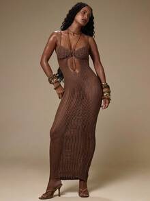 MUSERA Brown Crochet Open Knit Bodycon Beach Cover Up Maxi Dress - Chocolate Brown - View 5