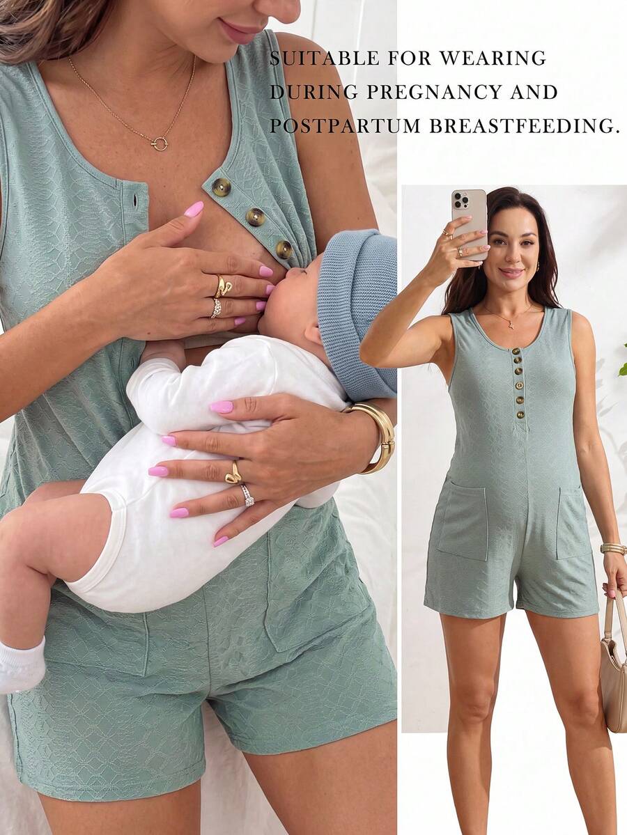 SHEIN 哺乳功能口袋提花鈕扣連身衣 - 綠色 - 查看 1
