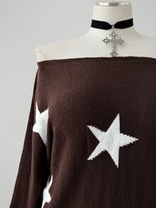 Sunspun Women's Pullover Sweater With Star Pattern, Plus Size, Off-The-Shoulder Neckline Fall - Brown - View 3