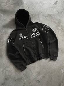PAVTROS Men's Letter Print Zip-Up Hoodie Casual Versatile Daily Wear Sweatshirt - Black - View 3