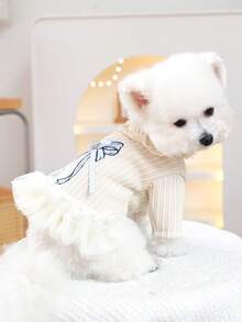 PETSIN 1件貓狗通用寵物服飾，刺繡蝴蝶結裝飾寵物裙 - 米色 - 查看 6