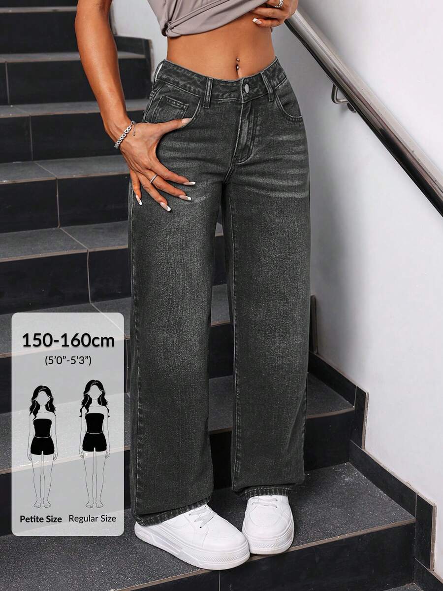 SHEIN PETITE 女款簡約日常貓鬍鬚設計牛仔褲,小碼女款 - 灰色 - 查看 1
