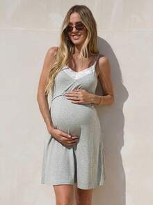 SHEIN Sleeveless Nursing Dress, Simple Lace Trim Design Maternity Summer Wear Photoshoot Postpartum Lounge Delivery - Grey - View 9